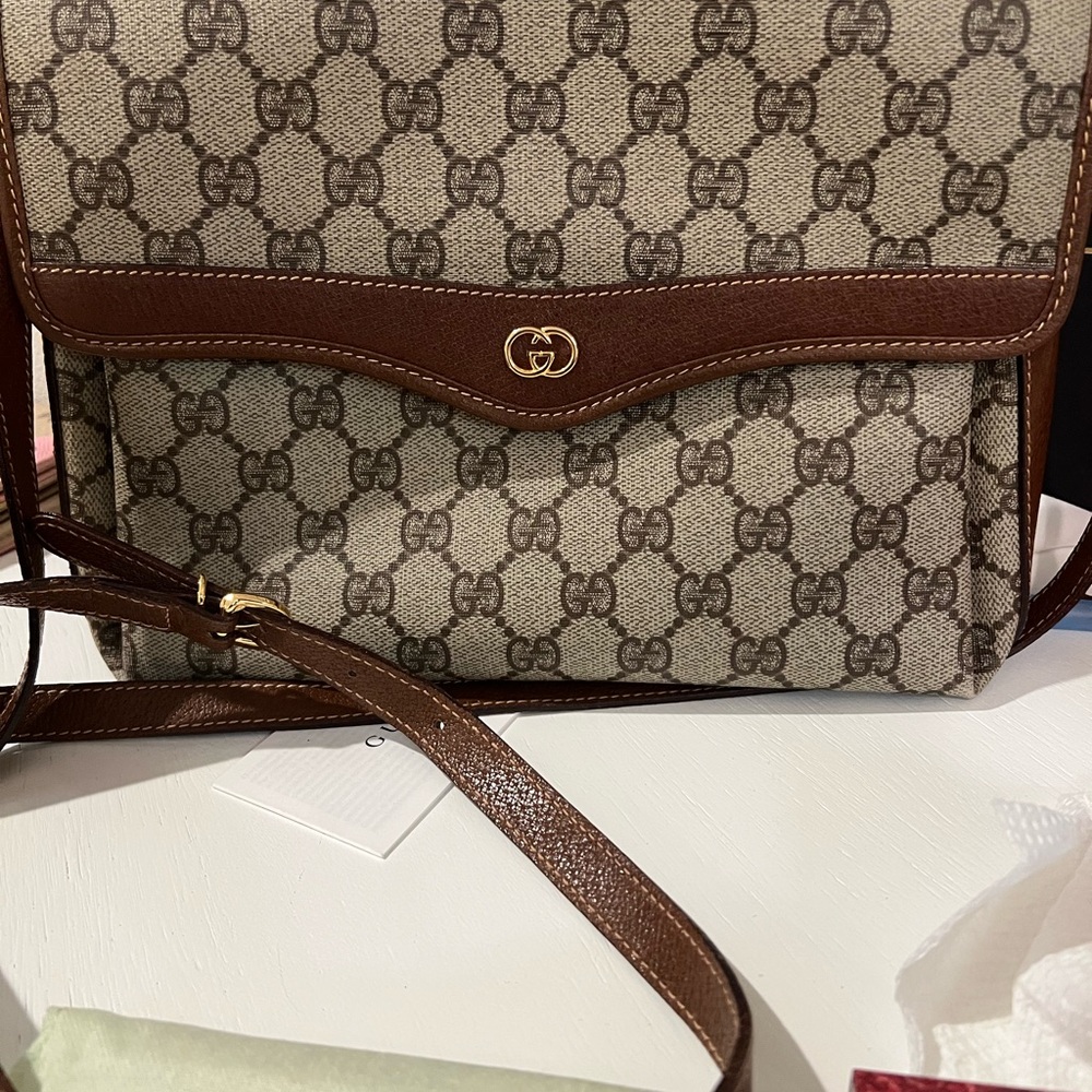 Gucci Vintage Classic Brown and Tan monogram Crossbody Bag